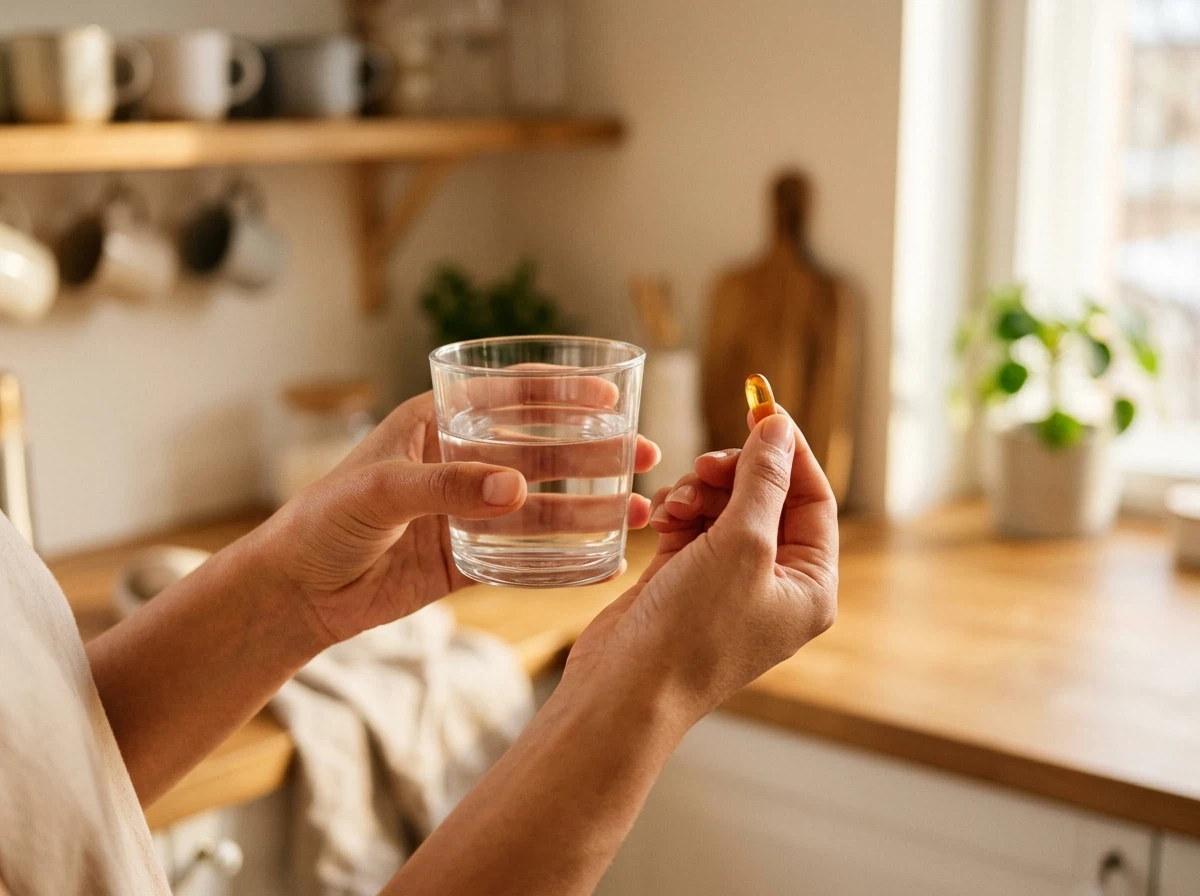 Händer håller kosttillskott och ett glas vatten - daglig rutin för öronhälsa